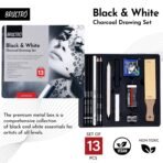 BRUSTRO Black and White Charcoal Drawing Set of 13 Pcs in a Metal Box|