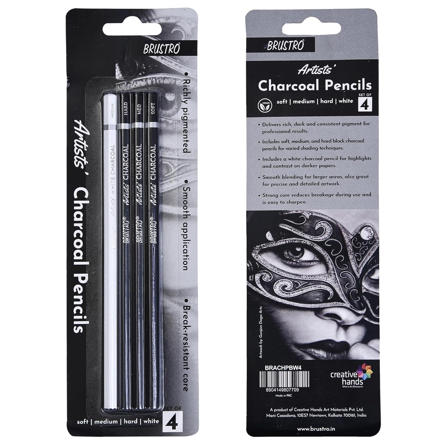 Artist Charcoal Pencil Set 4 (F1) BRUSTRO Artists Charcoal Pencil - Set of 4 (3 Black Shade - Soft, Medium, Hard and 1 White - Medium) - Image 1
