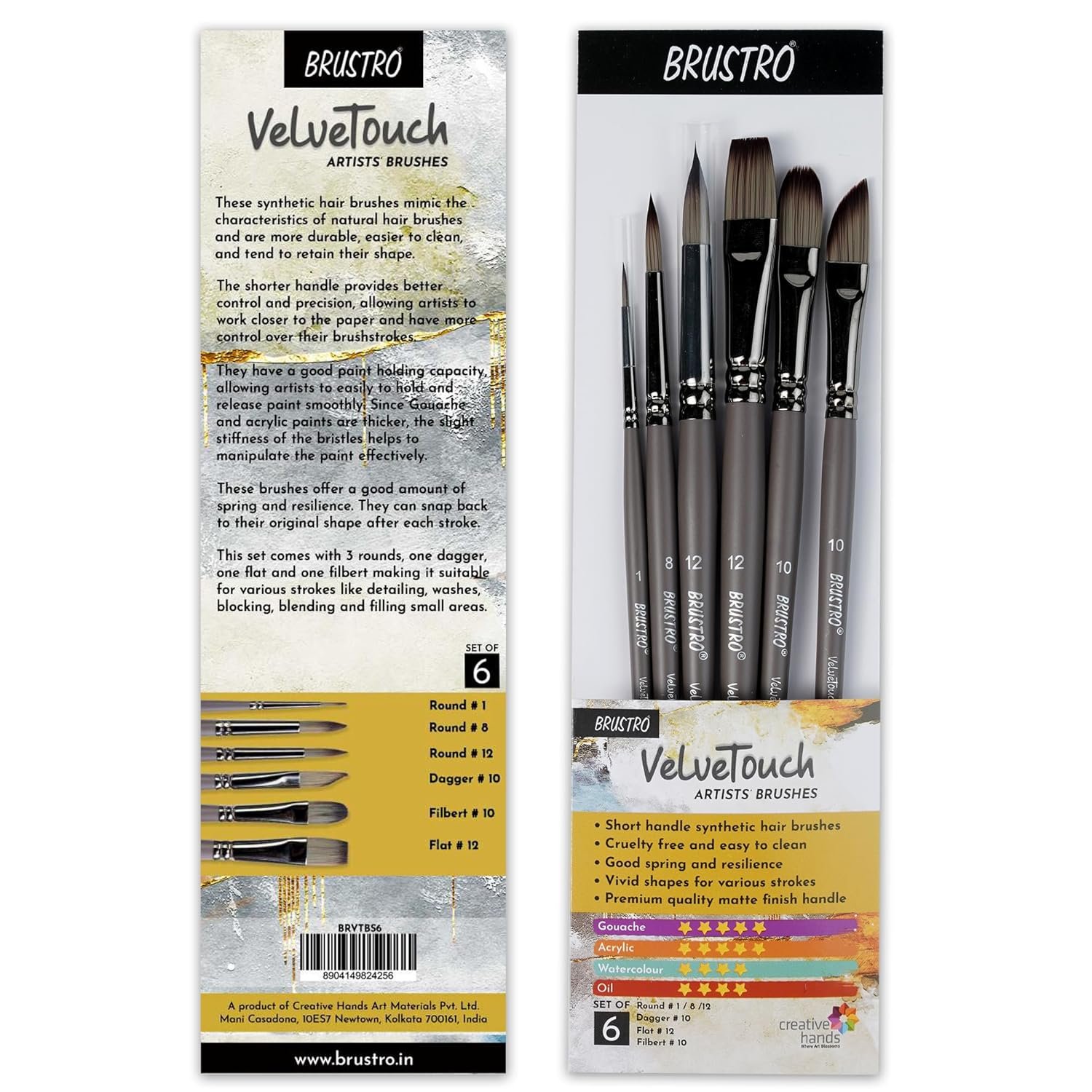 Artist Velvetouch Brush Set 6 (F1) BRUSTRO VelveTouch Artist Brushes | Set of 6 |Short Handle, Synthetic Bristles, Round, Filbert, Dagger, Flat Shape - Image 1