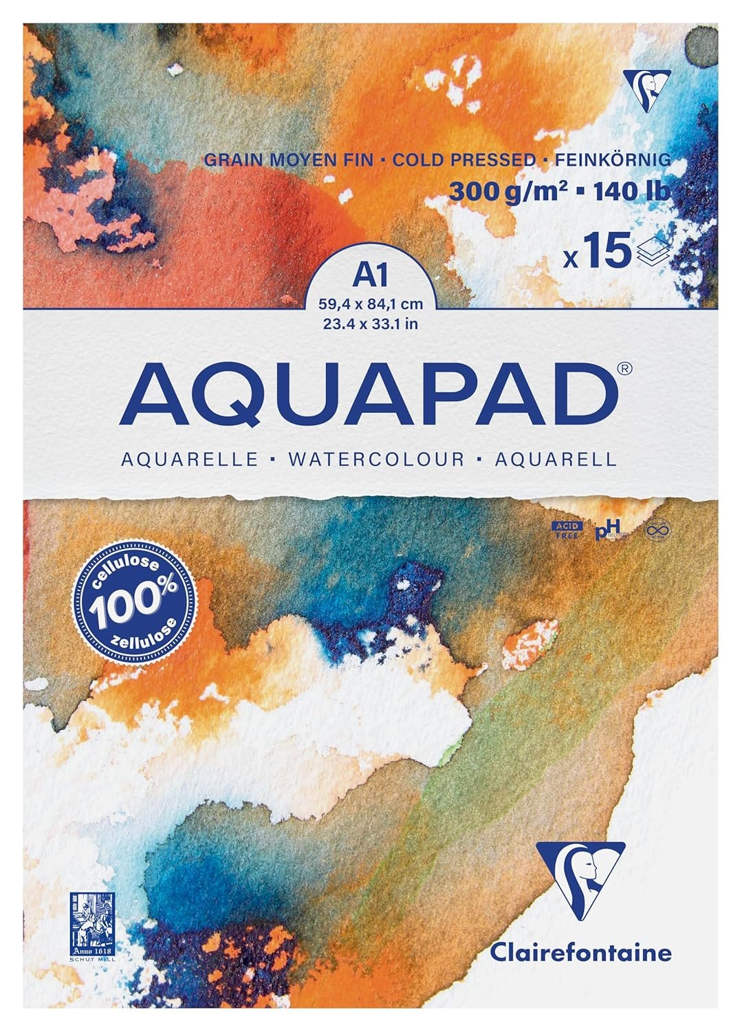 1 Clairefontaine Goldline AQUAPAD Watercolor Paper Medium FINE Grain, 300GSM-A1, 15 Sheets - Image 1