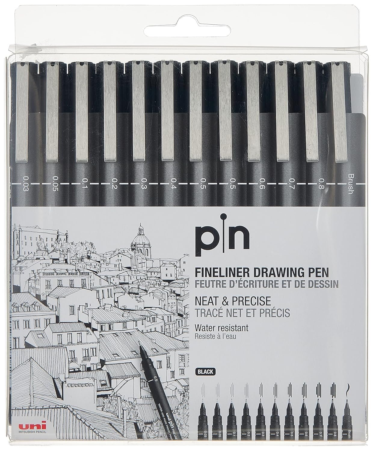uni pin200 12u Uni-Ball Pin Fineliner Drawing Pen Set 12 Black - Image 1