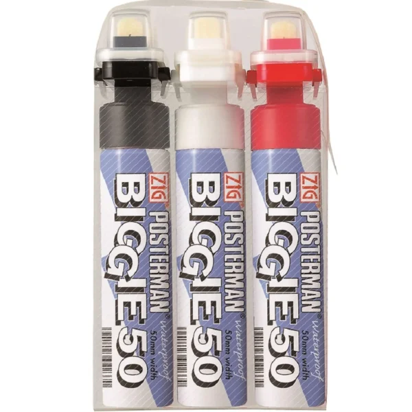 Zig POSTERMAN BIGGIE 50 PLUS TIP SIZE: 50 mm [Black, Red,White Color Special combo set] Water resistant after drying,Hi-Opaque,No mess, Lightfast, Odourless,Xylene Free,Professional Quality.